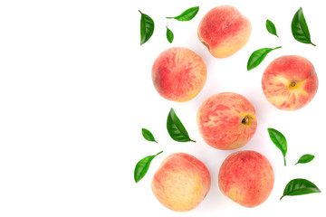 ripe peaches isolated on white background with copy space for your text. Top view. Flat lay pattern
