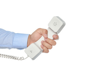 Man holding telephone receiver on white background