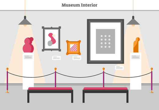 Museum interior vector illustration. Modern exposition room with abstract masterpiece and art. Decorative sculpture, painting and canvas with artist text below.