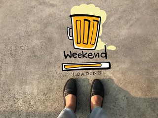 Weekend beer loading and woman's leather shoe concrete background