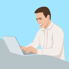  The man smiles at the laptop vector illustration flat