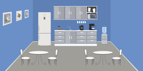 Modern  office kitchen in a blue color. Dining room in the office. There is a fridge, tables, chairs, a microwave, a kettle and a water cooler in the image. There are pictures on the wall. Vector