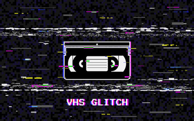 Glitch video cassette. Abstract white horizontal distortions. VHS concept. Glitched lines noise. Retro background. 80s and 90s design. Vector illustration