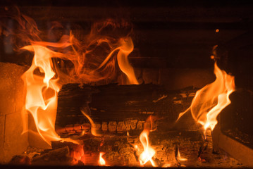 Close up shot of burning firewood in the fireplace.
