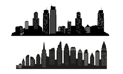 Set of Modern landscape. City skyscrapers building office horizon  on white background. Can be used for green city, recreation zone. Vector Illustration.