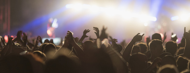 Sillhouettes of concert crowd in front of bright stage lights