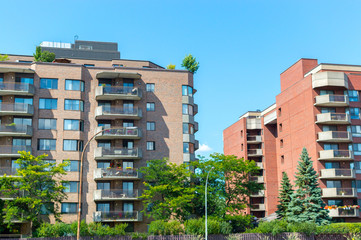 Modern condo buildings with huge windows in Montreal, Canada. 
