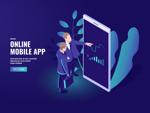 Trading online isometric icon, two businessmen talking, business Analytics and statistics strategy, graphics and charts development on mobile phone screen vector dark
