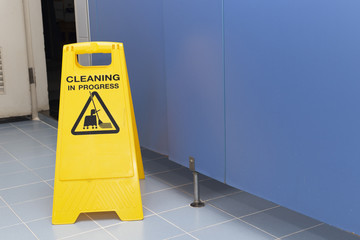 cleaning progress caution sign in bathroom