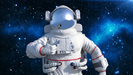 Astronaut in spacesuit showing thumbs up, cosmonaut floating in space, close up view, 3D rendering © freestyle_images
