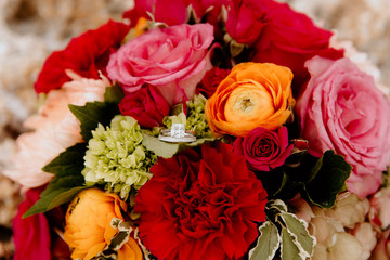 Colorfully Beautiful Wedding Flowers Bouquet on the Beach with Jewelry