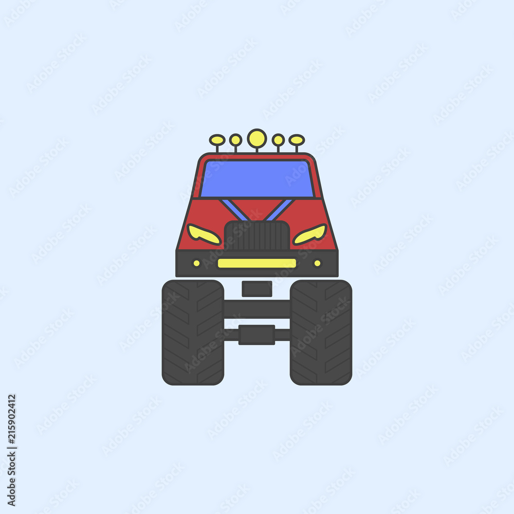 Poster bigfoot car front field outline icon. element of monster trucks show icon for mobile concept and web