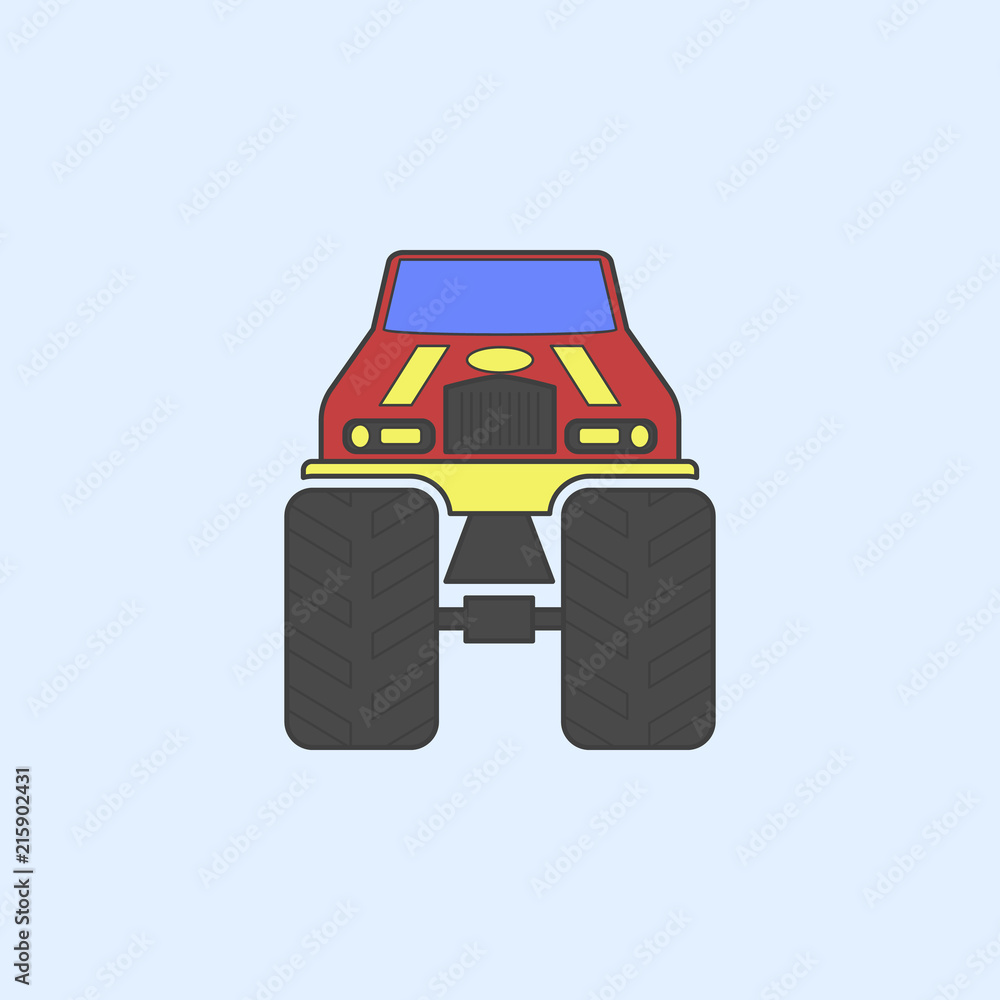 Poster bigfoot car front field outline icon. element of monster trucks show icon for mobile concept and web