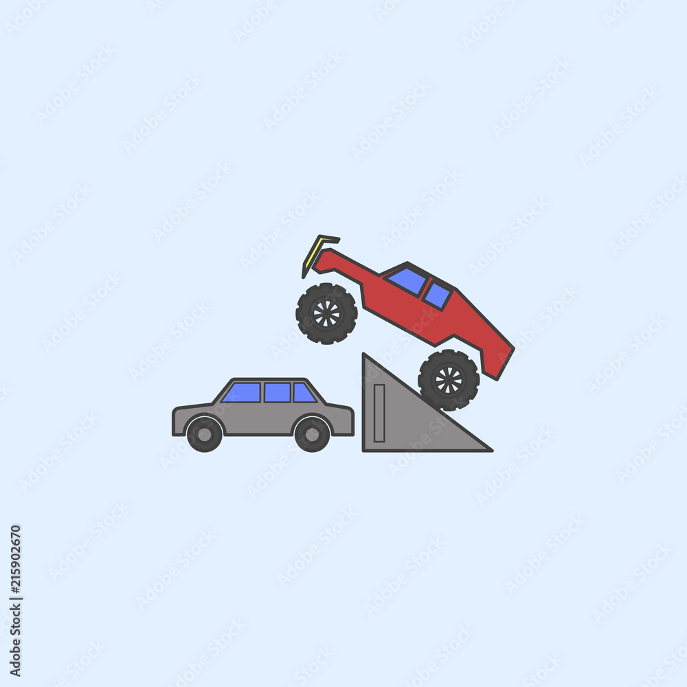 Poster bigfoot car in jump field outline icon. element of monster trucks show icon for mobile concept and w