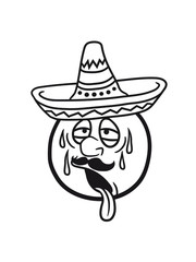 mexiko sombrero südamerika gesicht comic cartoon kreis rund erschöpft sonne cool durchhalten schwitzen heiß warm hitze sommer heiß kühl sonnig urlaub schweiß