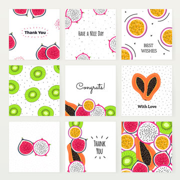Vector set of square cards with tropical fruits. Hand drawn dragon fruit, kiwi, passionfruit, fig, papaya. Creative backgrounds. Summer design. Invitation, postcard, cover, banner, thank you message