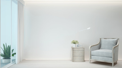 Living room and balcony minimal style in hotel or home. Interior simple design for artwork. 3D Illustration