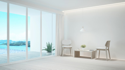 Living room and swimming pool sea view and island view in hotel or resort. Living area on pool deck and swimming pool with panorama sea view. Artwork for summer time. 3D Illustration