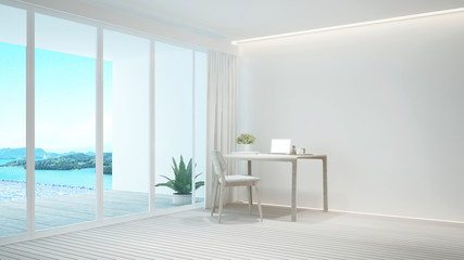 Workplace and relax area on pool deck and swimming pool with panorama sea view. Working room and swimming pool sea view in hotel or resort. 3D Illustration