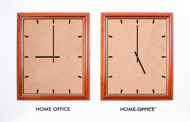 Clocks showing the time for home office and home with slash on office text. Business conceptual.