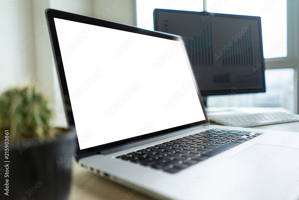 Poster mock up using laptop with blank screen computer modern