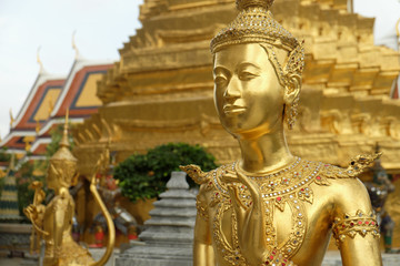 Golden Kinnari statue at Temple of Emerald Buddha (Wat Phra Kaew) in Grand Royal Palace. Half-bird,...