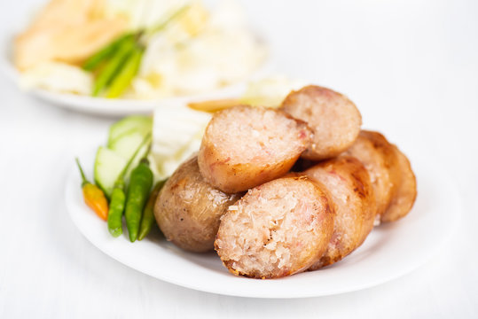 Thai sausage, fermented rice with pork sausage served with vegetables
