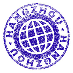 HANGZHOU stamp print with distress texture. Blue vector rubber seal print of HANGZHOU label with grunge texture. Seal has words placed by circle and globe symbol.