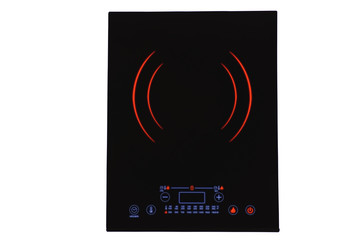 Black portable induction cooktop, isolated on white background. Glowing neon light.