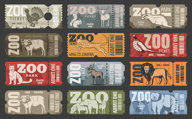 Vector tickets of zoo park animals and birds - obrazy, fototapety, plakaty