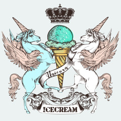 Advertising vector poster or illustration with ice cream, blue and white  unicorn