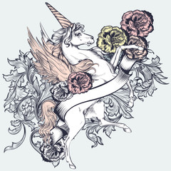 Beautiful T-shirt print vector design with unicorn and flowers