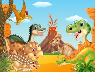 Dinosaures heureux de dessin animé avec volcan