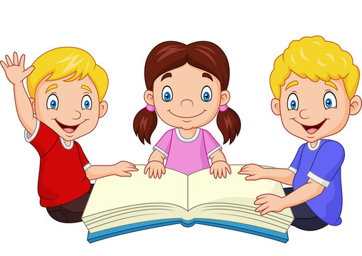 Cartoon happy kids reading a book