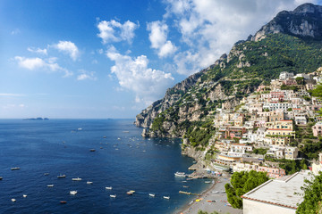 A panoramic high view of the Mediterranean ocean from the beach at Positano, Amalfi coast, Italy.