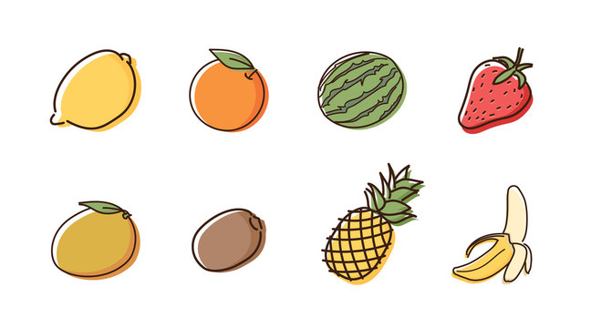 Set Of 8 Fruit Doodles With Watercolor Style. Vector Hand Drawn Icon Illustrations