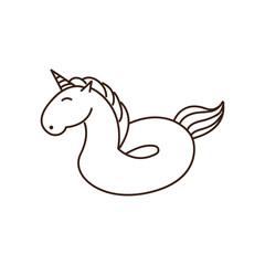 Inflatable swimming pool ring object with Unicorn shape. Tropical summer magical fairytale horse buoy for vacations and water activities in swimming pool. Vector doodle icon.