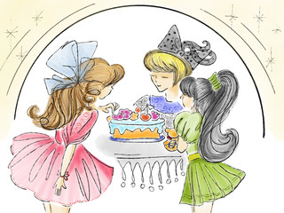 Colorful hand drawn abstract view of girls with birthday cake on white background, isolated cartoon illustration of kids on party for greeting card painted by watercolor, vintage,  high quality