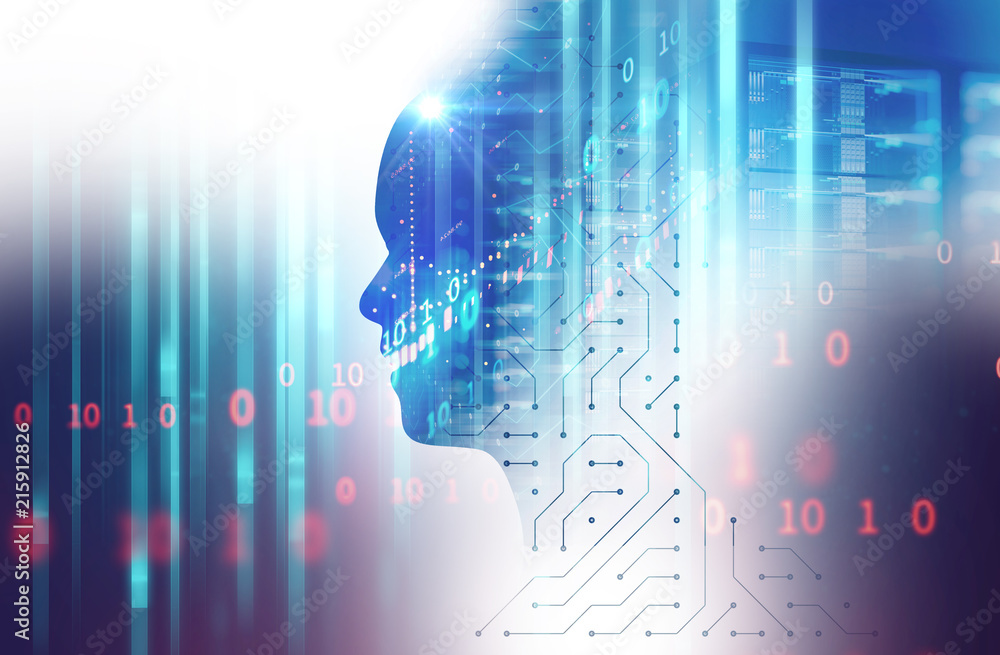 Poster silhouette of virtual human on circuit pattern technology 3d illustration