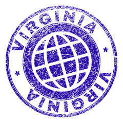 VIRGINIA stamp print with grunge texture. Blue vector rubber seal print of VIRGINIA text with grunge texture. Seal has words arranged by circle and planet symbol.
