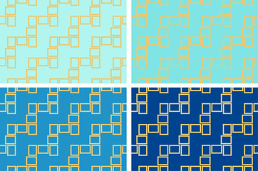 Abstract set of four seamless pattern textures of golden rectangular frames over dark and light blue shades background template Vector illustration
