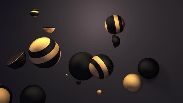 3D golden striped spheres and black spheres floating in the air animation. Camera zoom in, out and tilt effects.