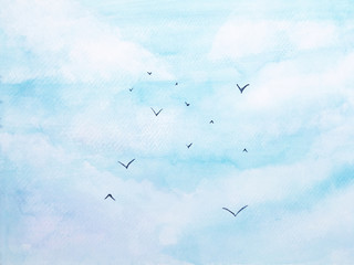 watercolor landscape birds flying in the blue sky with cloud.for background