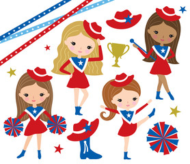 Vector illustration of cute drill team or cheerleader girl characters in red, white and blue uniform.