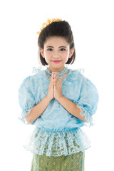 Cute asian girl in Thai costume on white background.