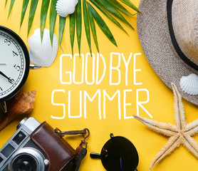 Goodbye Summer Text Flat Lay Traveling Holiday Vacation Yellow Background Blank Space In The Middle