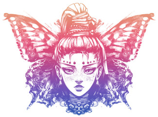 Cute girl with a big braid on a background of butterfly wings