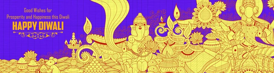 Fotobehang illustration of Goddess Lakshmi and Lord Ganesha on happy Diwali Holiday doodle background for light festival of India © vectomart