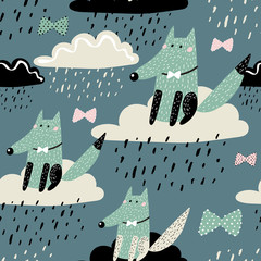 Baby seamless pattern - Cute dog on the cloud. Rainy weather. Perfect for kids fabric, textile, nursery wallpaper. Scandinavian style.