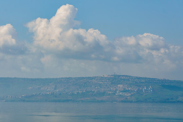 Sea of Galilee in Israel at foggy spring day.